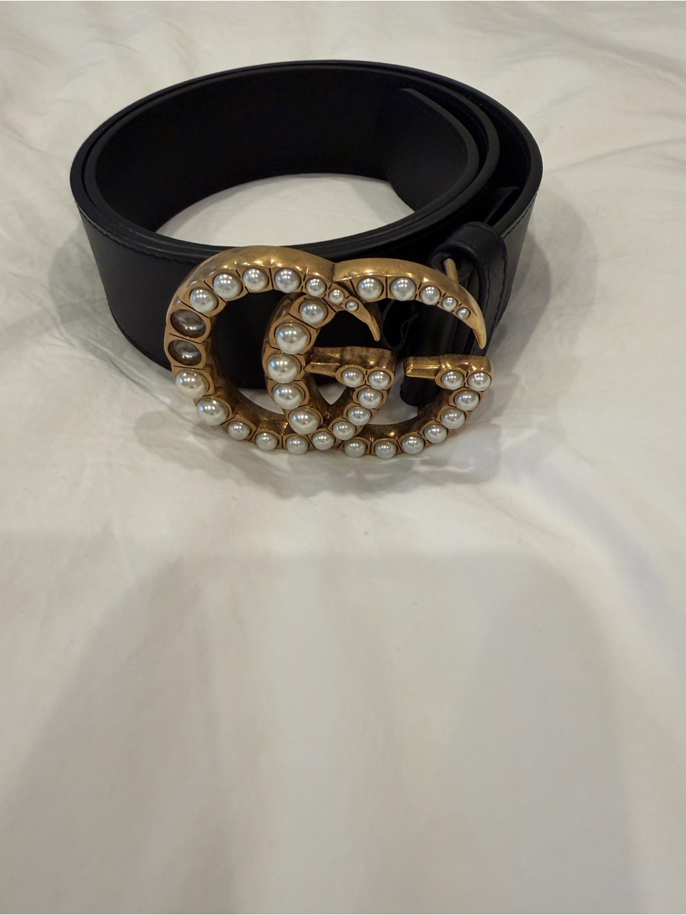 Black Leather Belt with Pearl-Embellished Double G Buckle
